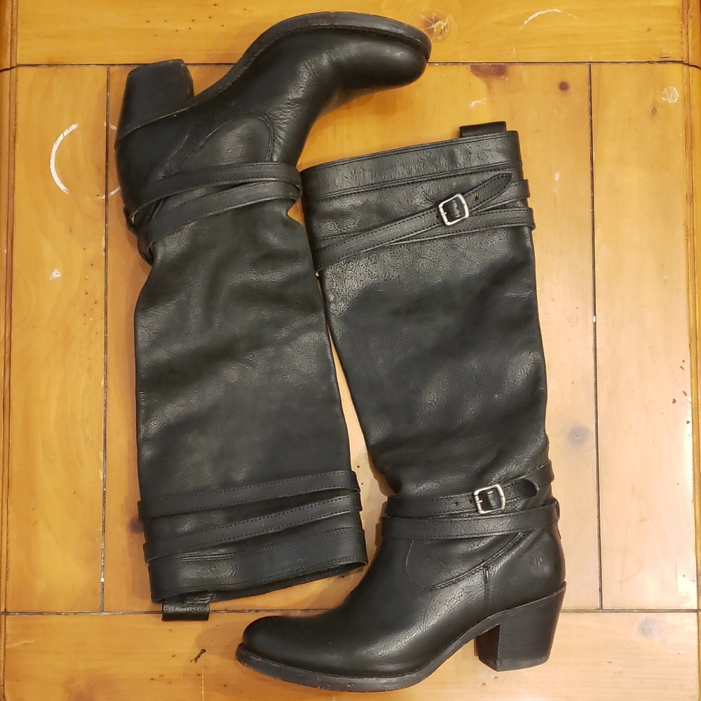 Frye jane strappy buckle boots block heel black leather